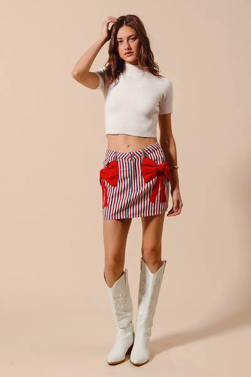 TEEK - Red Contrast Bow Knot Pocket Striped Denim Skirt SKIRT TEEK Trend