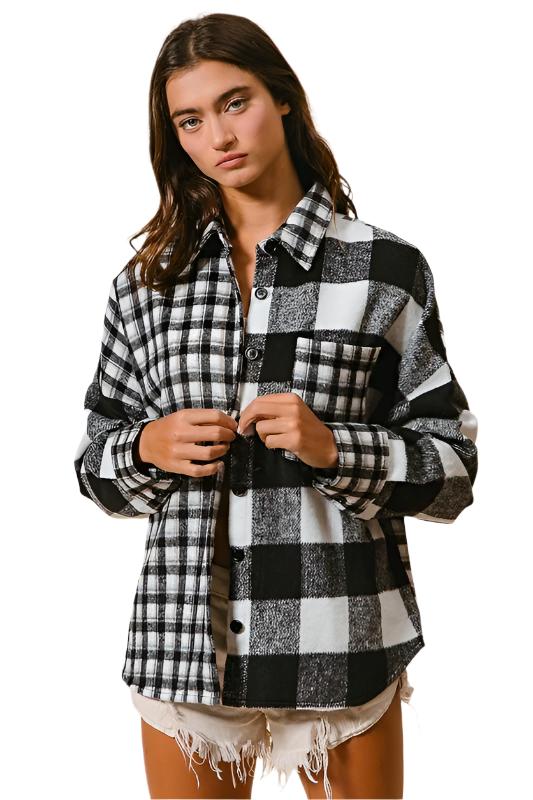 TEEK - Black Plaid Fleece Button Down Long Sleeve Shirt TOPS TEEK Trend S