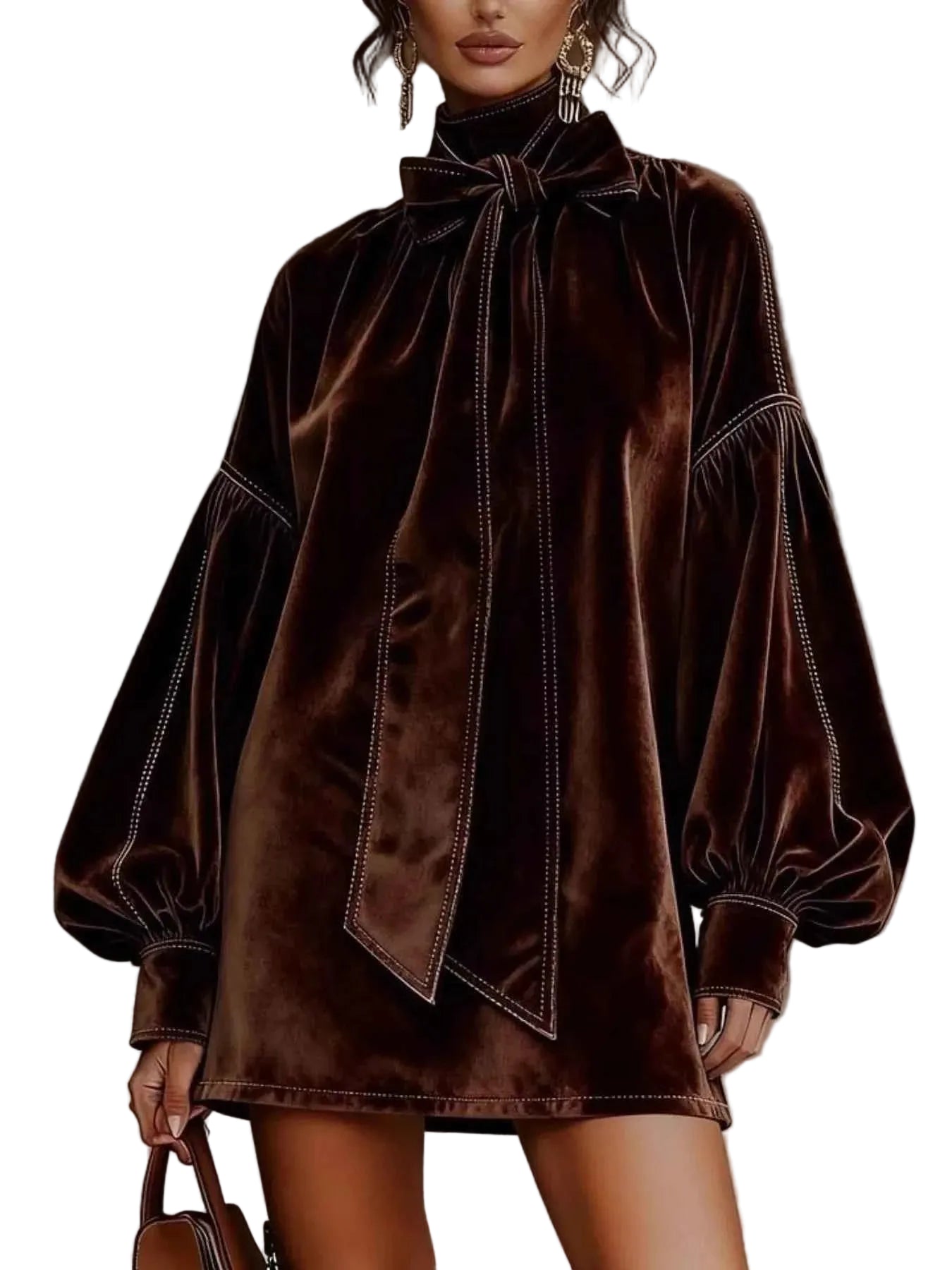 TEEK - Velvet Bow-Tie Long Sleeve Mini Dress DRESS TEEK Trend Brown S