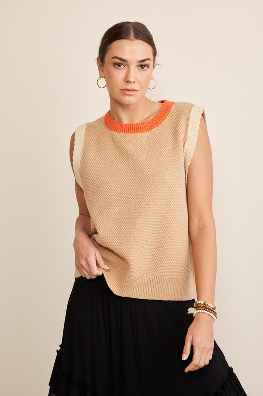 TEEK - Taupe Multi Contrast Round Neck Knit Top TOPS TEEK Trend S  