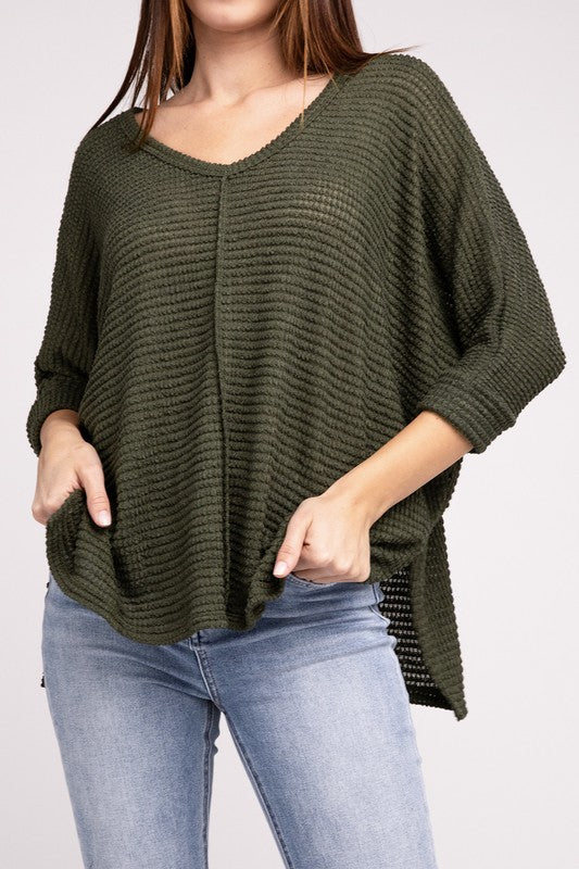 TEEK - 3/4 Sleeve V-Neck Hi-Low Hem Jacquard Sweater SWEATER TEEK FG DK OLIVE S/M 