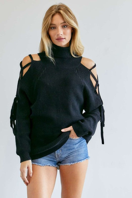 TEEK - Solid Turtleneck Cutout Long Sleeve Sweater