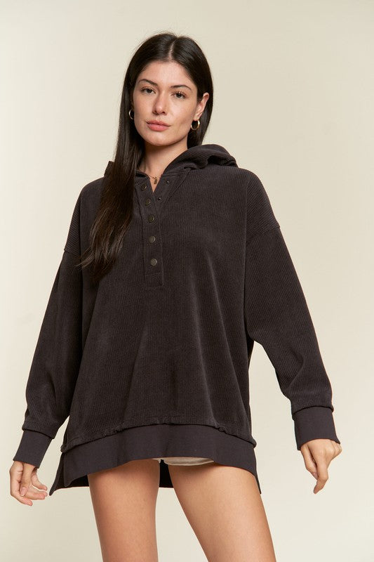 TEEK - Plus Size Button Down Ribbed Hooded Sweatshirt TOPS TEEK FG   