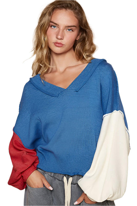 TEEK - Royal Blue Exposed Seam Contrast V-Neck Lantern Sleeve Sweater TOPS TEEK Trend S