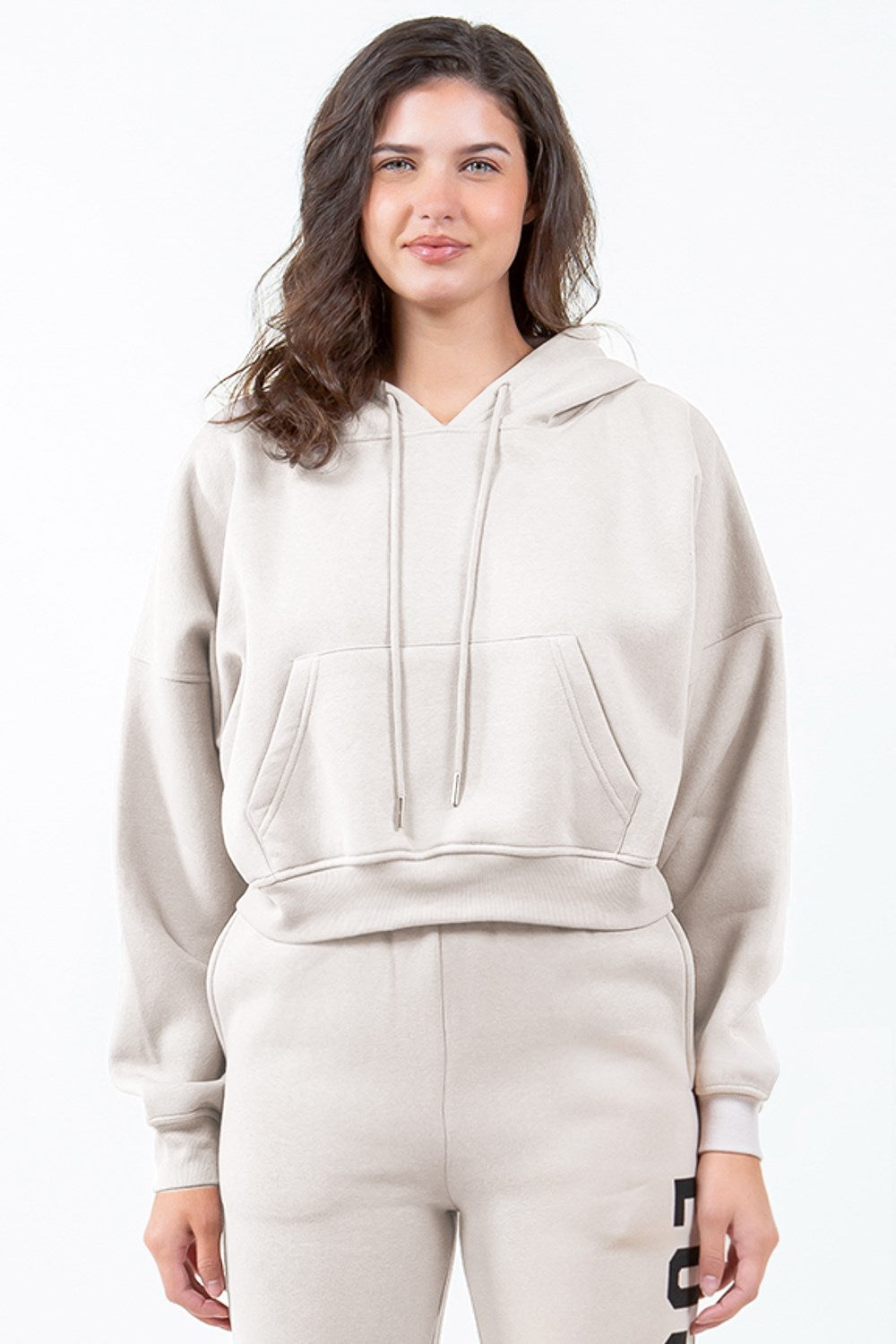 TEEK - Beige Los Angeles Bold Drawstring Cropped Hoodie TOPS TEEK Trend