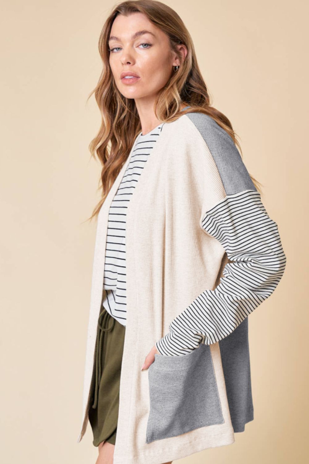 TEEK - Light Grey Open Front Long Sleeve Striped Pocketed Cardigan SWEATER TEEK Trend