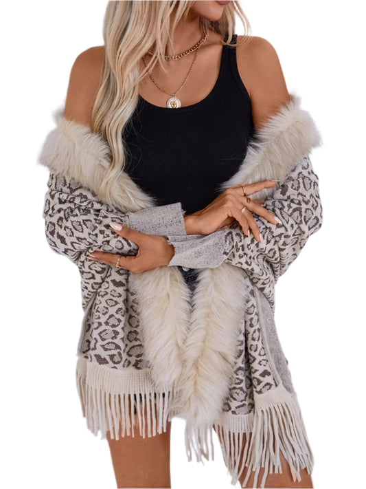 TEEK - Fringe Leopard Open Front Long Sleeve Poncho JACKET TEEK Trend Beige One Size