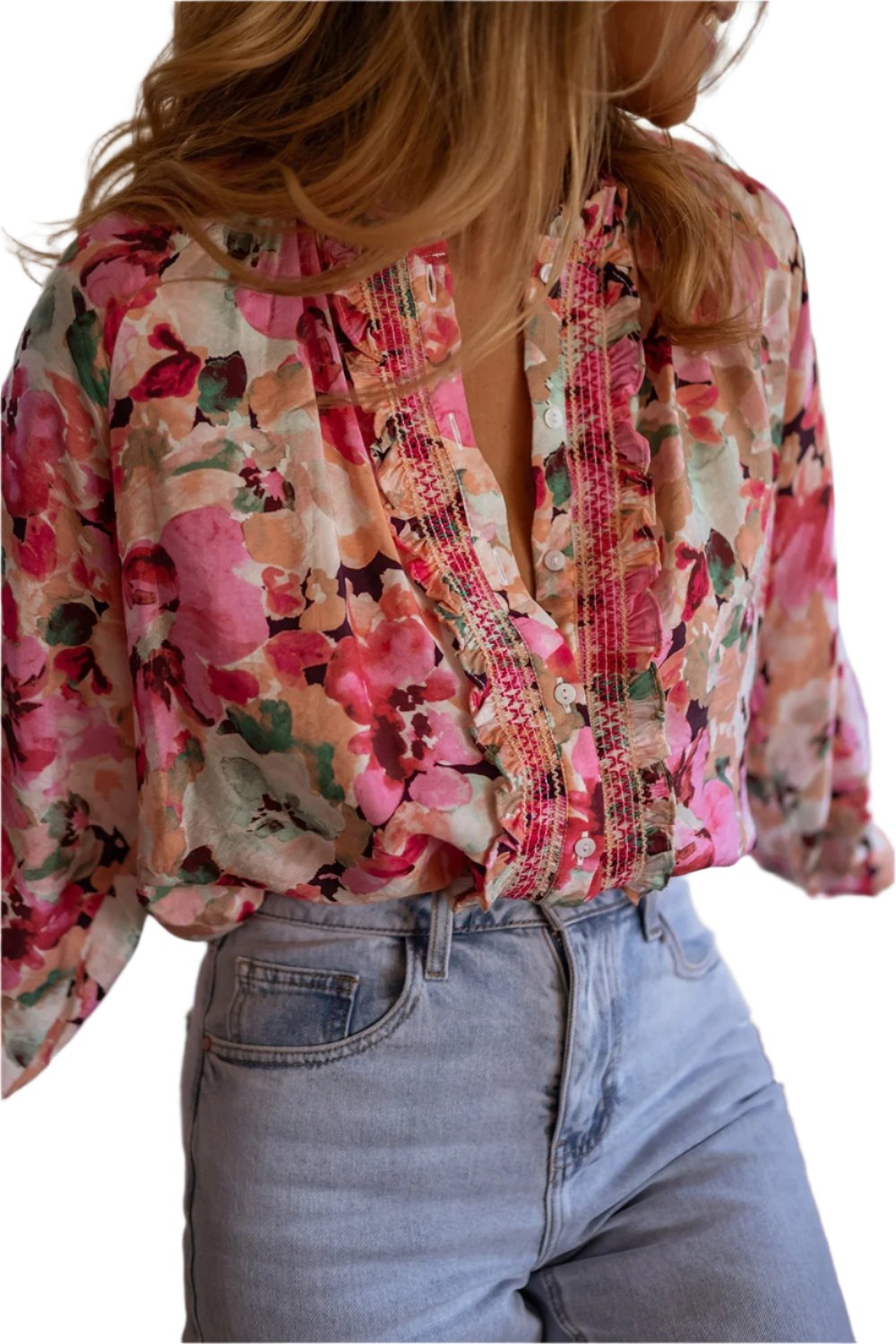 TEEK - Pink Frill Floral Button Down Long Sleeve Shirt TOPS TEEK Trend S