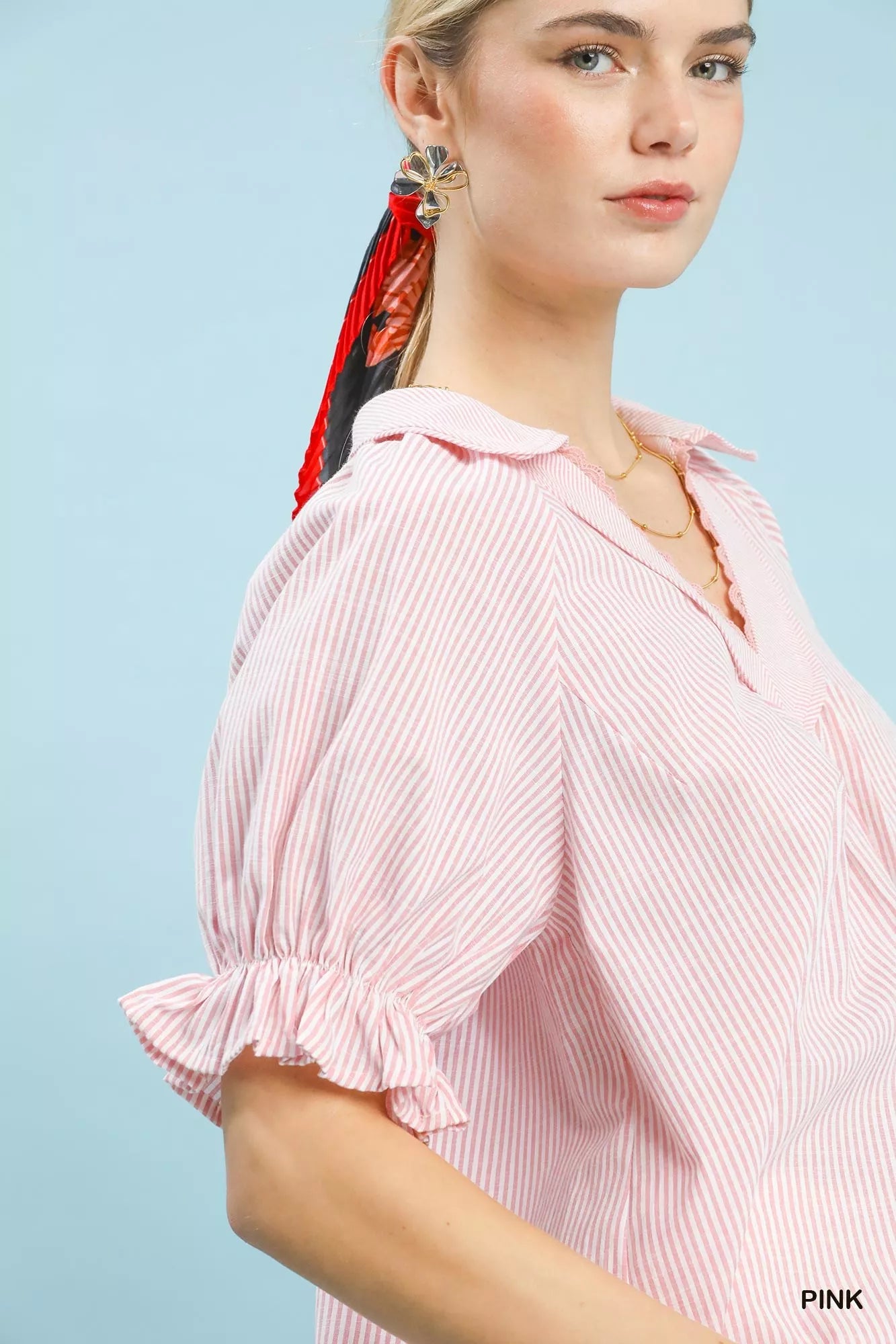 Umgee Pinstripe V-Neck Ruffle Sleeve Blouse Trendsi