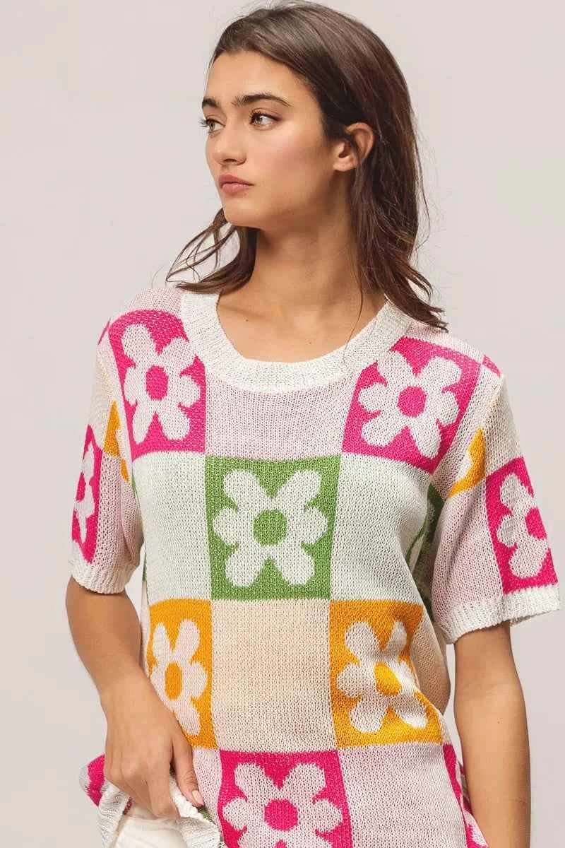 TEEK - Flower Checker Pattern Lightweight Sweater Top TOPS TEEK Trend
