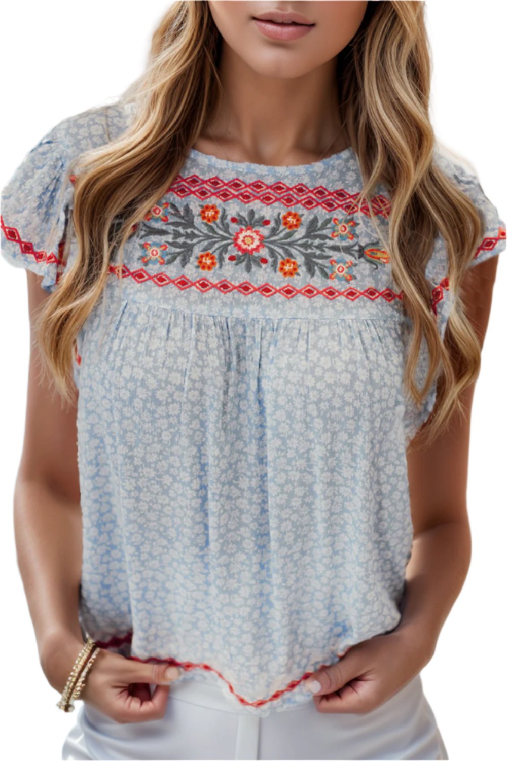 TEEK - Embroidered Misty Blue Cap Sleeve Blouse TOPS TEEK Trend S  