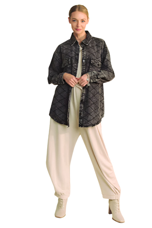 TEEK - Black Curved Hem Diamond Quilted Button Up Denim Shacket TOPS TEEK Trend