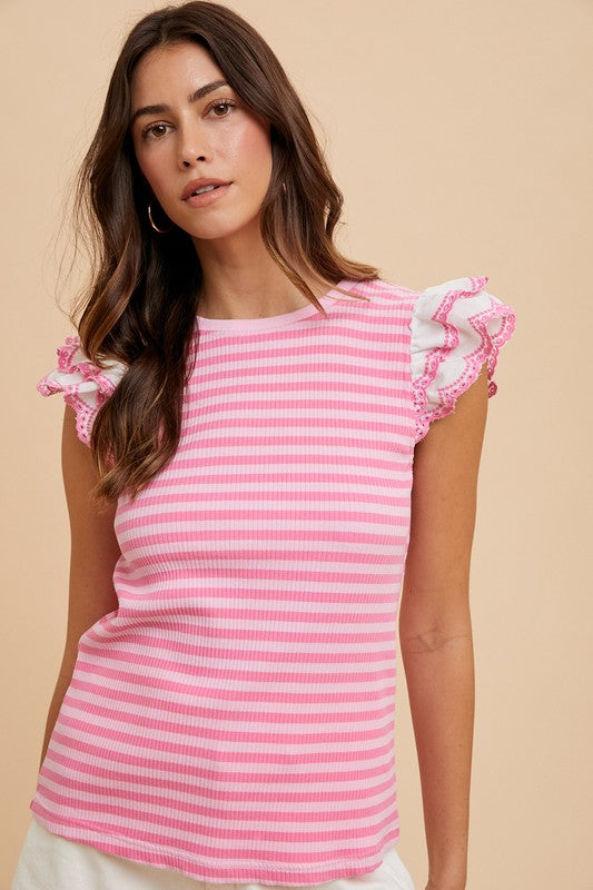 TEEK - Pink Ruffled Striped Round Neck Cap Sleeve Knit Top TOPS TEEK Trend