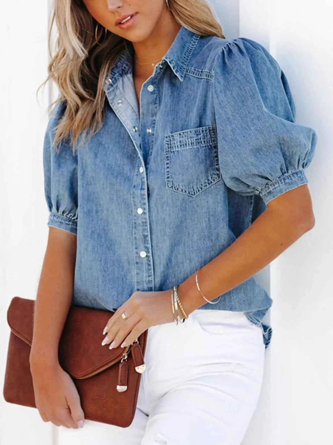 Puff Sleeve Button-Down Denim Top Trendsi