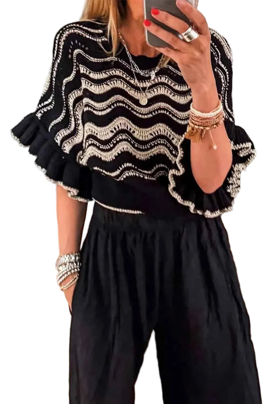 TEEK - Wave Pattern Ruffle Sleeve Sweater TOPS TEEK Trend Black S