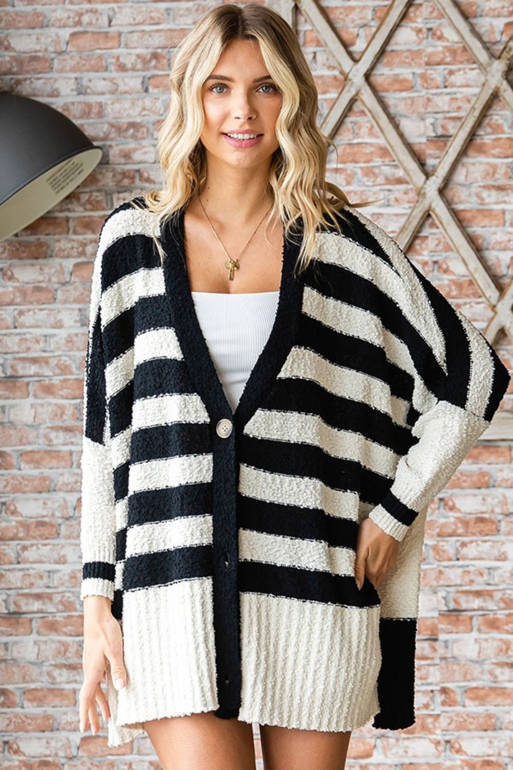 TEEK - Black Textured Striped Button Down Cardigan SWEATER TEEK Trend   