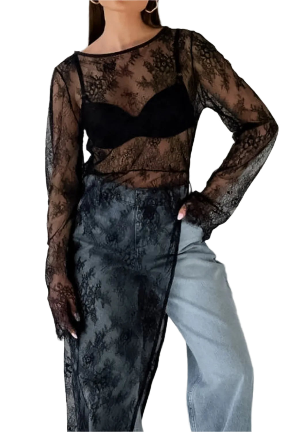 TEEK - Black Fringe Round Neck Long Sleeve Lace Sheer Top TOPS TEEK Trend S