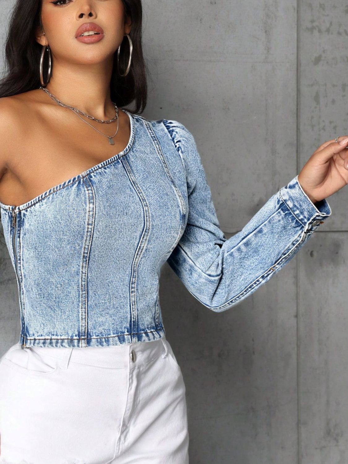 TEEK - One Shoulder Long Sleeve Denim Top TOPS TEEK Trend   