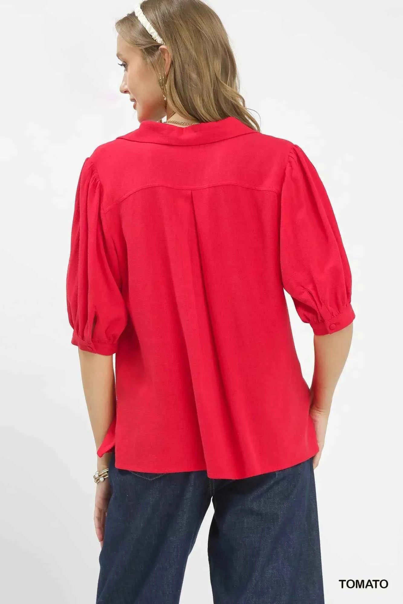 Umgee Mixed Media V-Neck Print Blouse Trendsi
