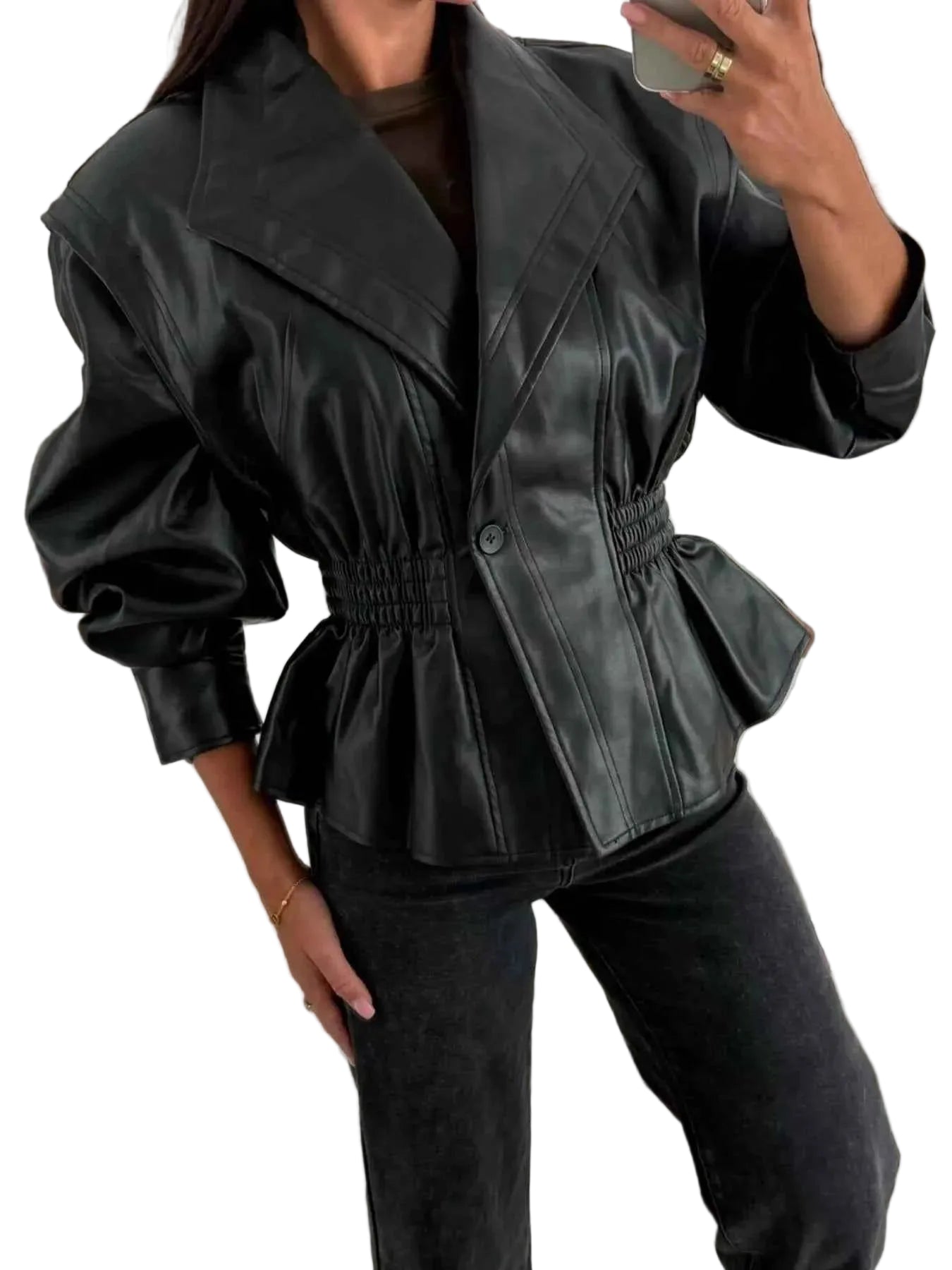 TEEK - Peplum Waist Leather Jacket JACKET TEEK Trend Black S