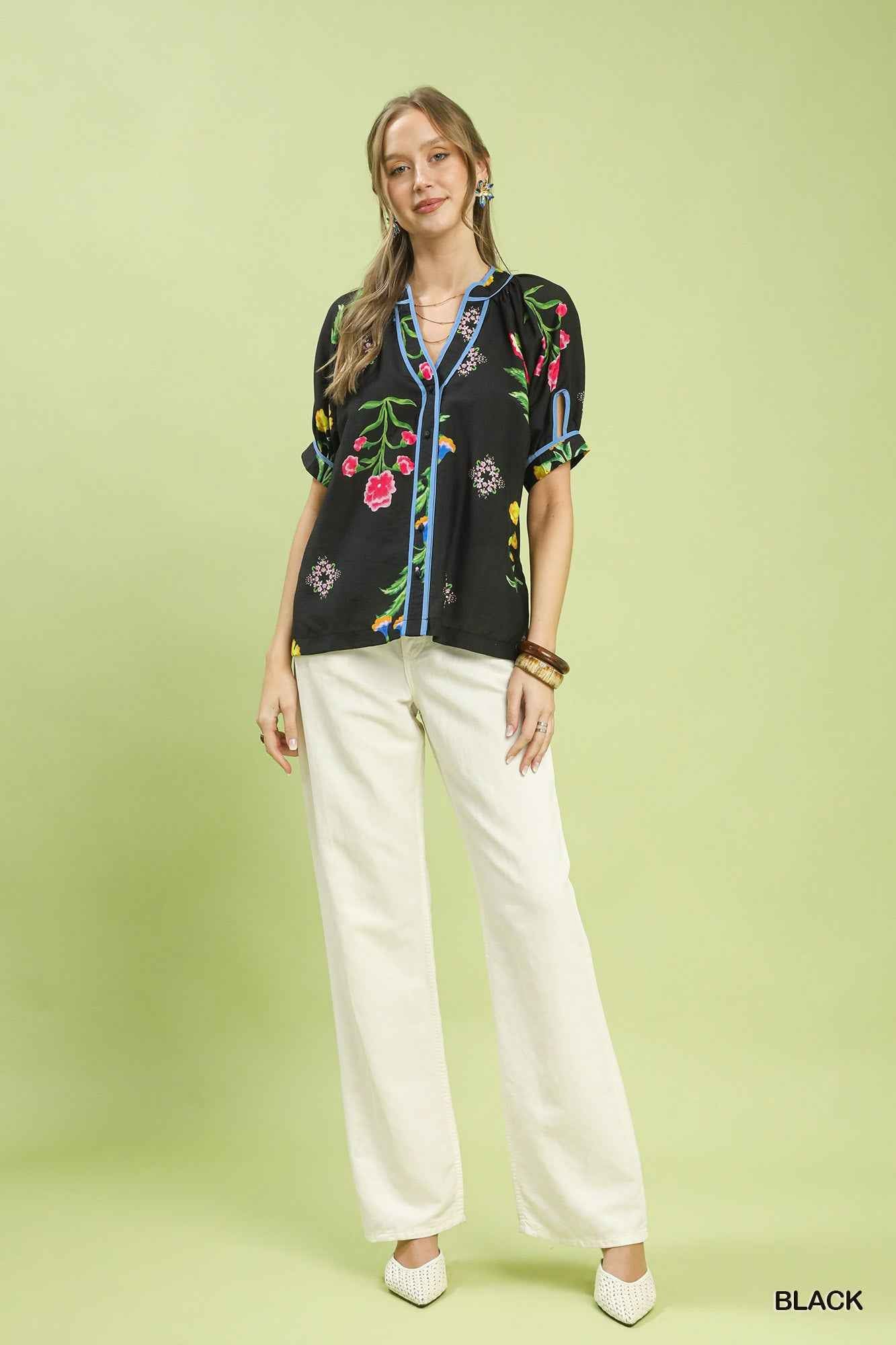 TEEK - Botanical Print Contrast Trim Button Blouse TOPS TEEK Trend
