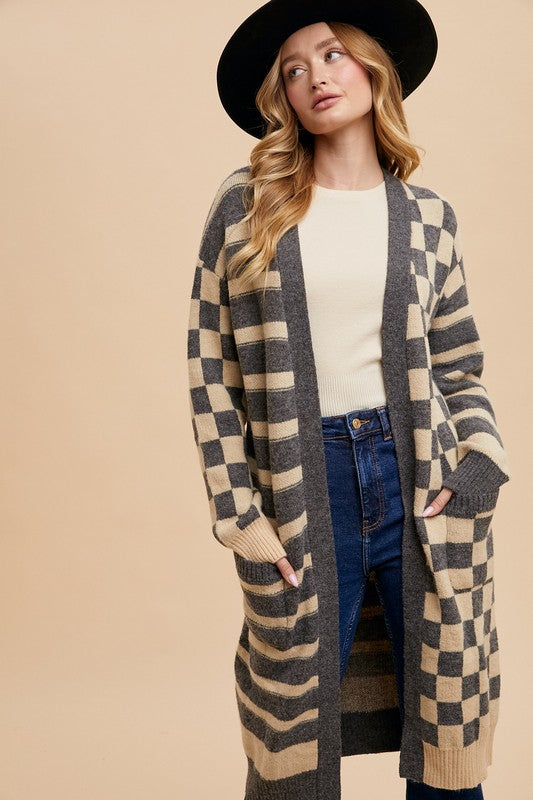 TEEK - Dark Grey Checkered Striped Open Front Long Sleeve Cardigan SWEATER TEEK Trend