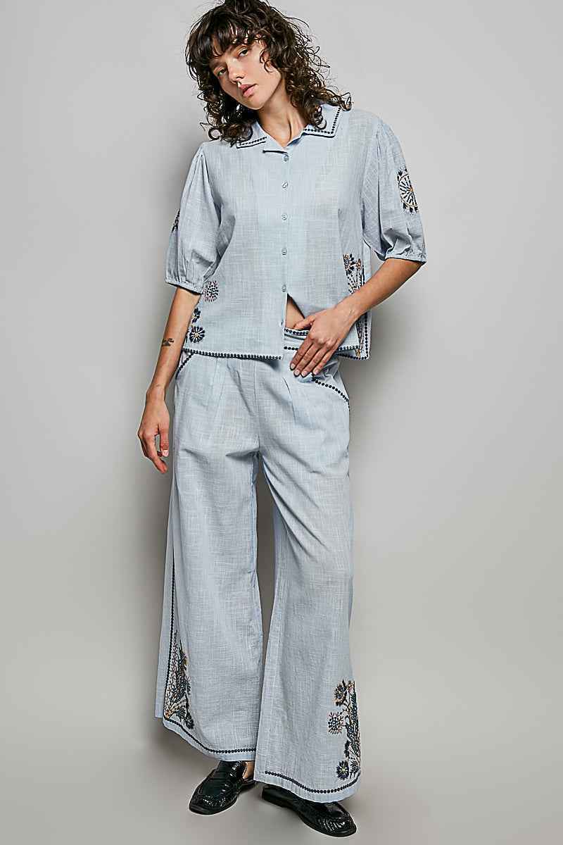 POL Button Down Embroidered Floral Short Sleeve Shirt Trendsi