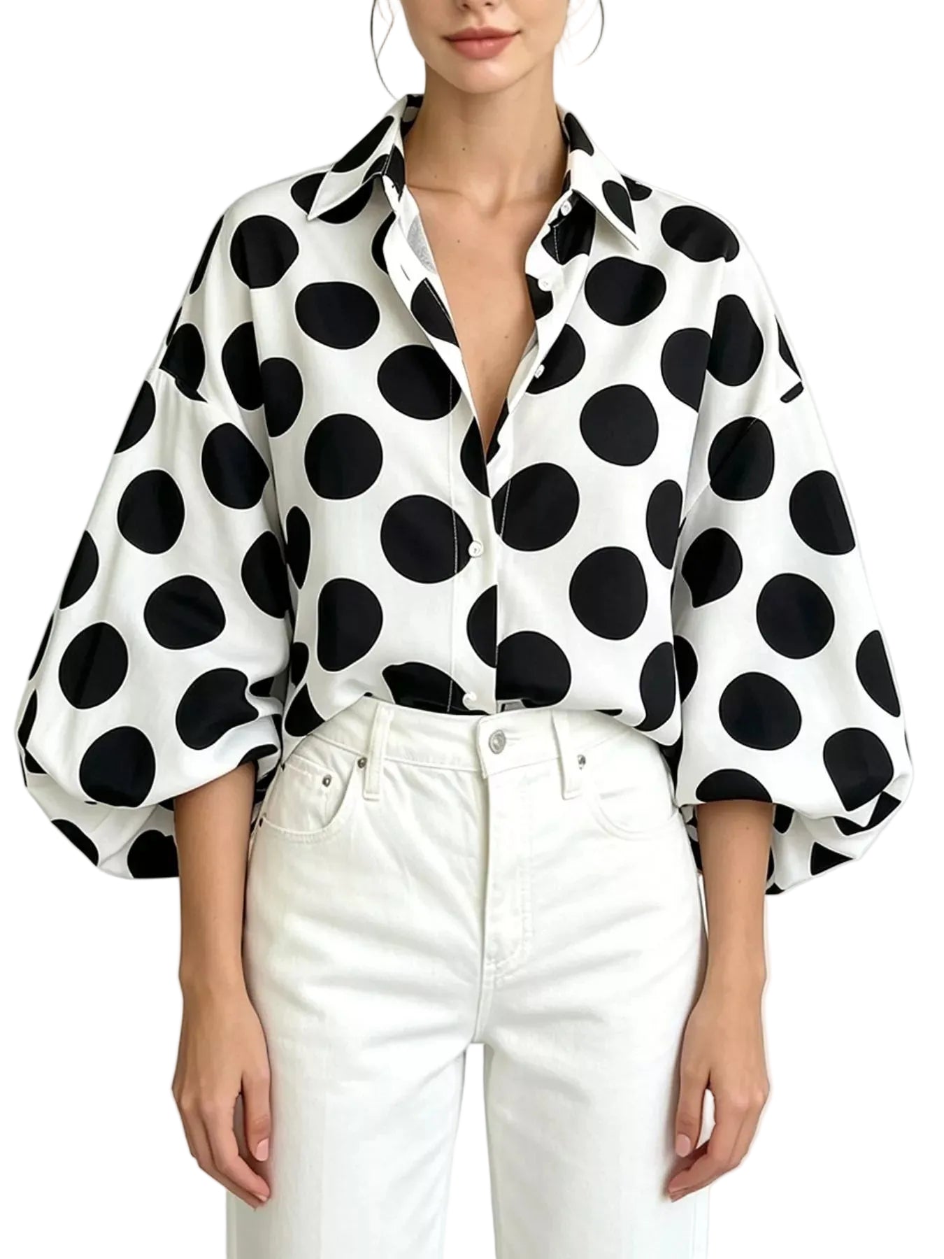 Polka Dot Puff Sleeve Shirt Trendsi Black S