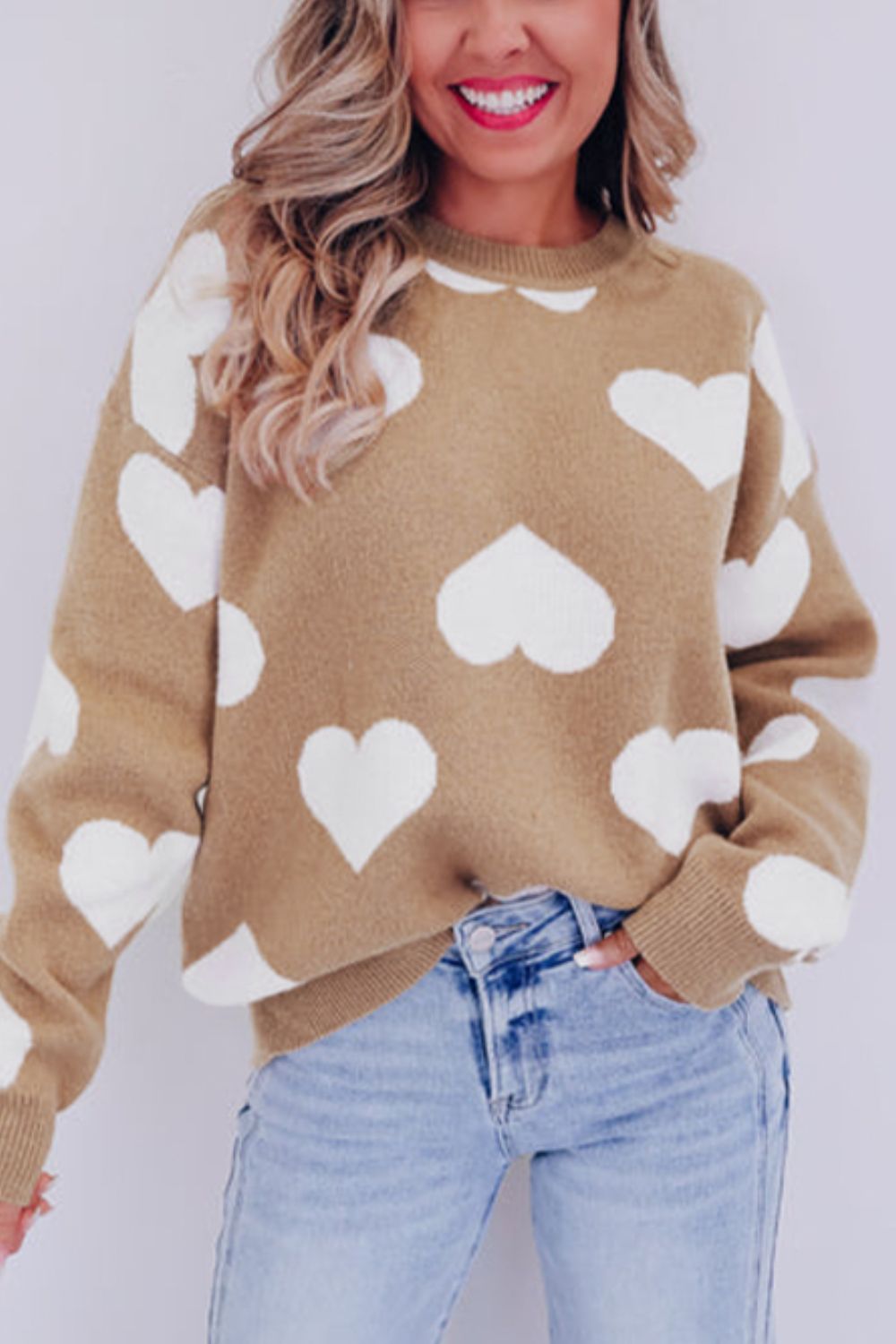 TEEK - Khaki Heart Round Neck Long Sleeve Sweater SWEATER TEEK Trend S