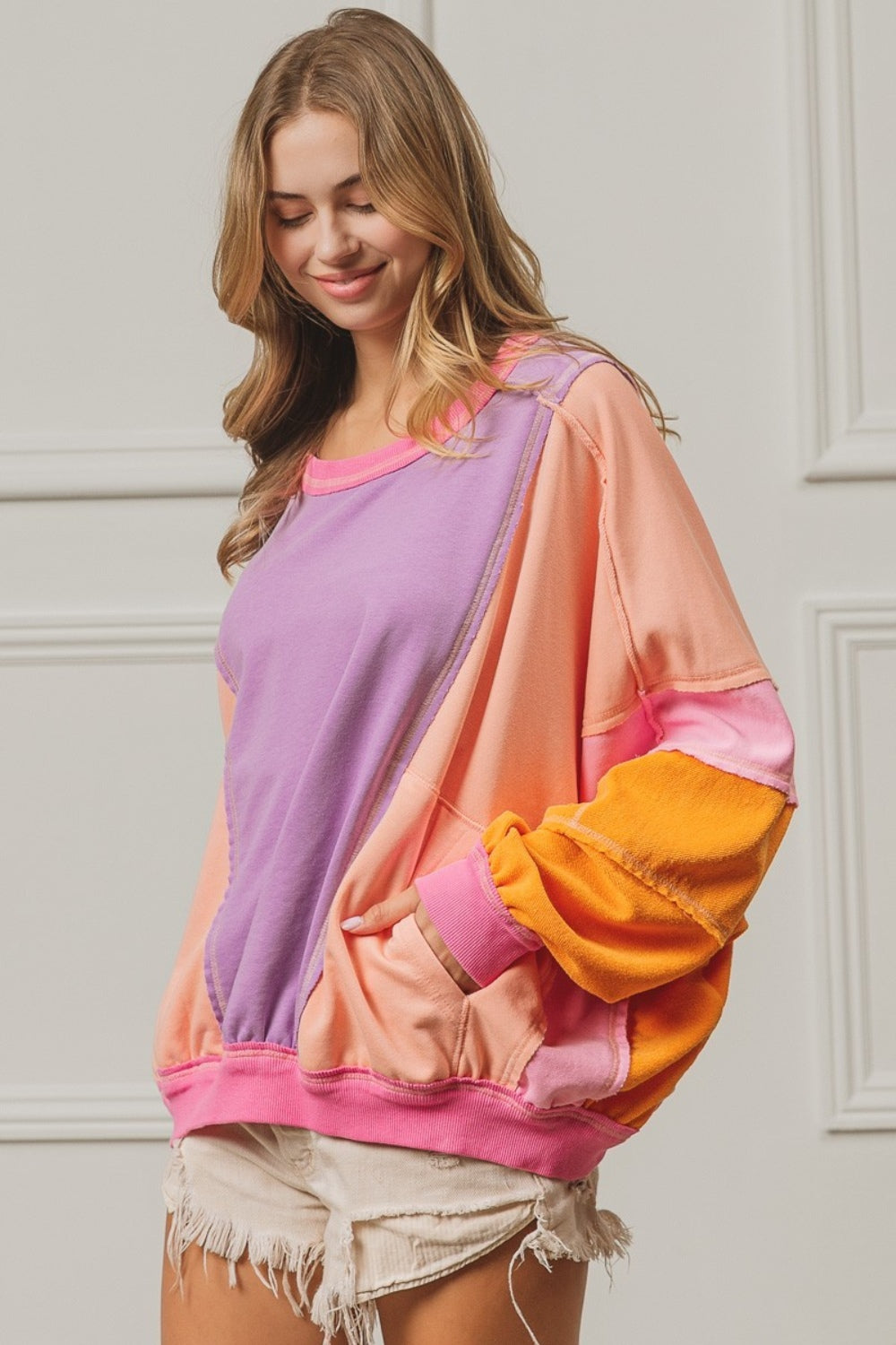 TEEK - Lavender Peach Fuchsia Color Block Exposed Seam Pocketed Sweatshirt TOPS TEEK Trend   