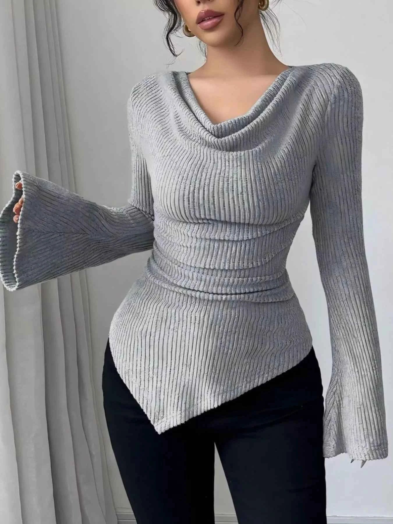 TEEK - Off-Shoulder Bell Sleeve Ribbed Blouse TOPS TEEK Trend Gray S