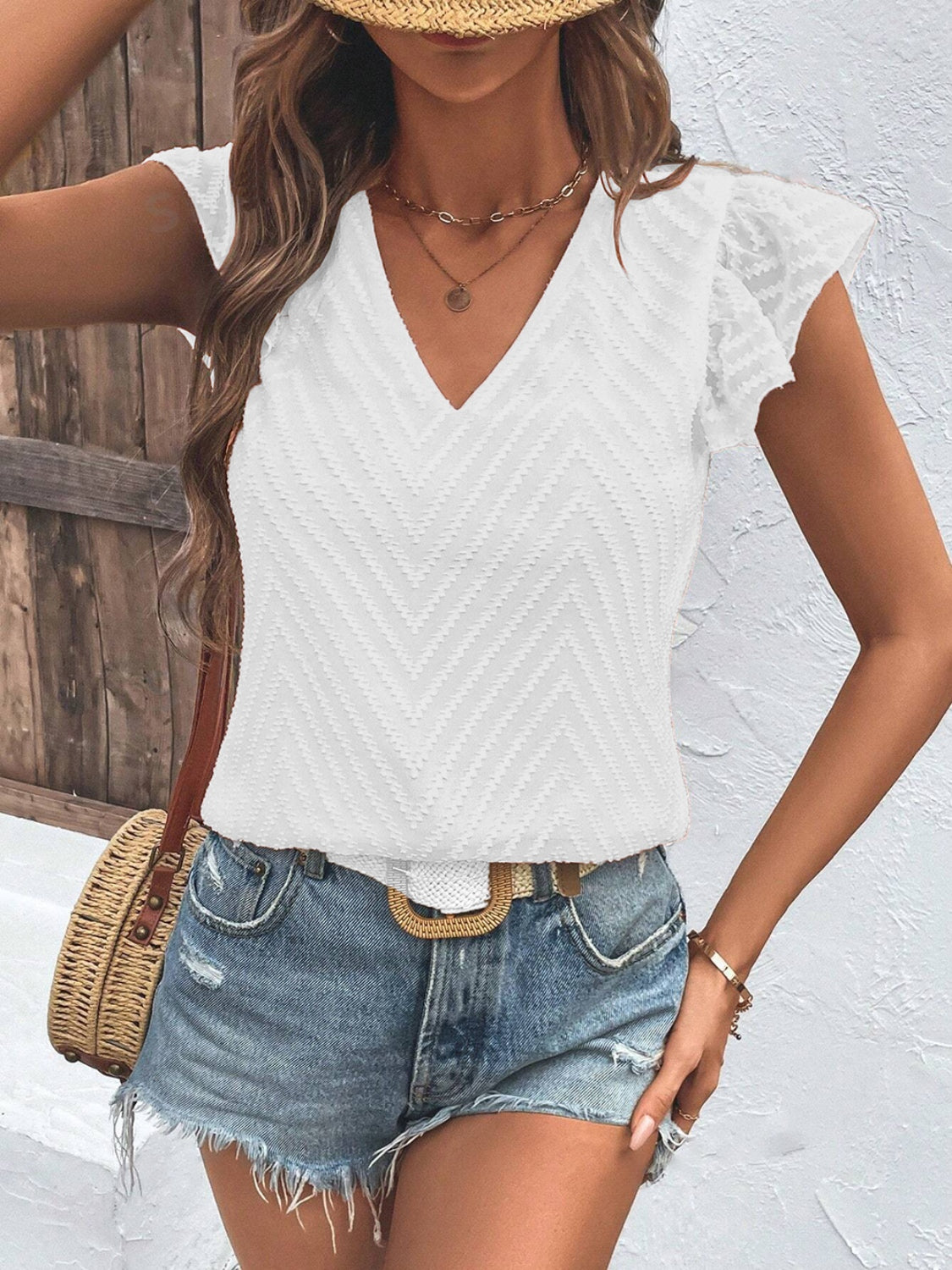 TEEK - Textured V-Neck Cap Sleeve Blouse TOPS TEEK Trend White S 