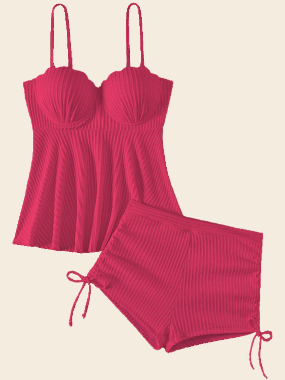 TEEK - Textured Drawstring Spaghetti Strap Two-Piece Swim Set SWIMWEAR TEEK Trend Hot Pink S 