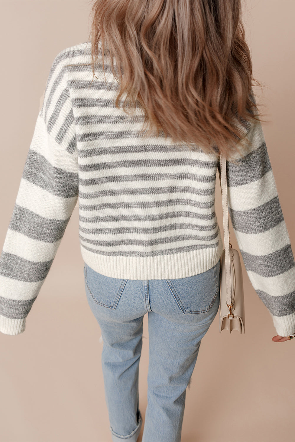 TEEK - Grey Striped Round Neck Dropped Shoulder Sweater TOPS TEEK Trend