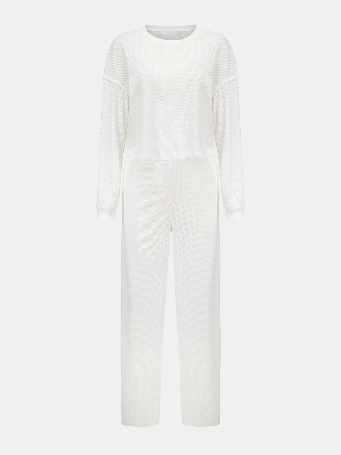 TEEK - Waffle-Knit Round Neck Top and Pants Set SET TEEK Trend White S 