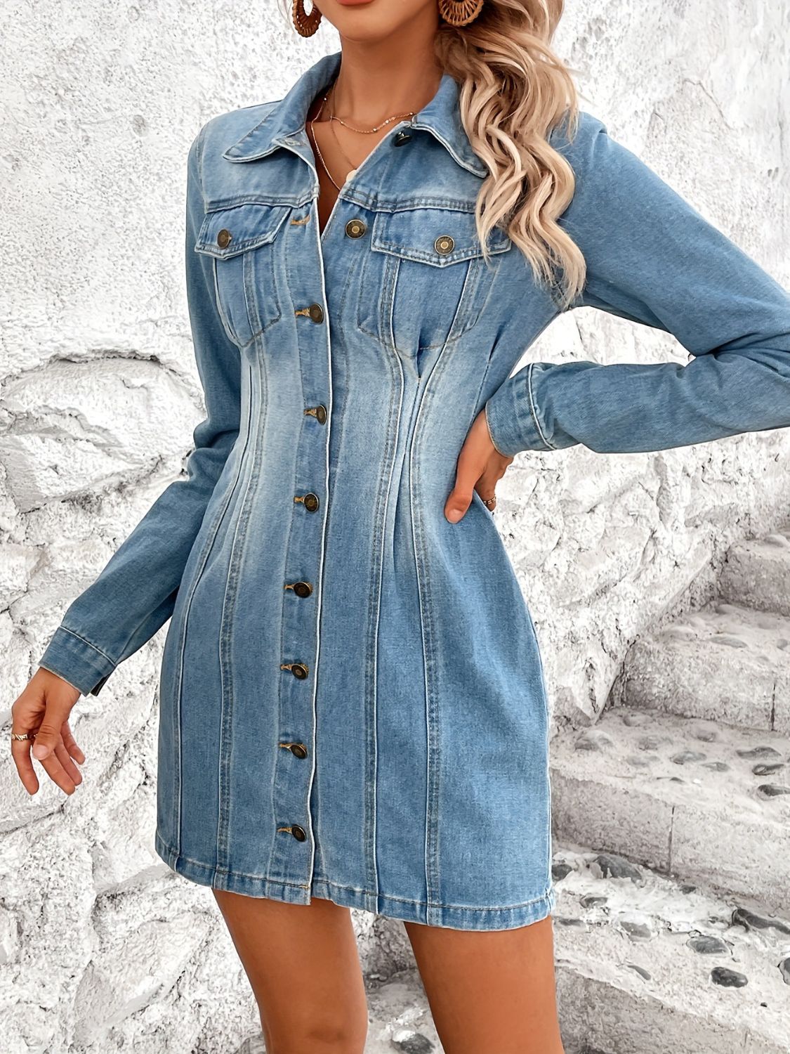 TEEK - Pocketed Button Up Long Sleeve Medium Wash Denim Dress  TEEK Trend   