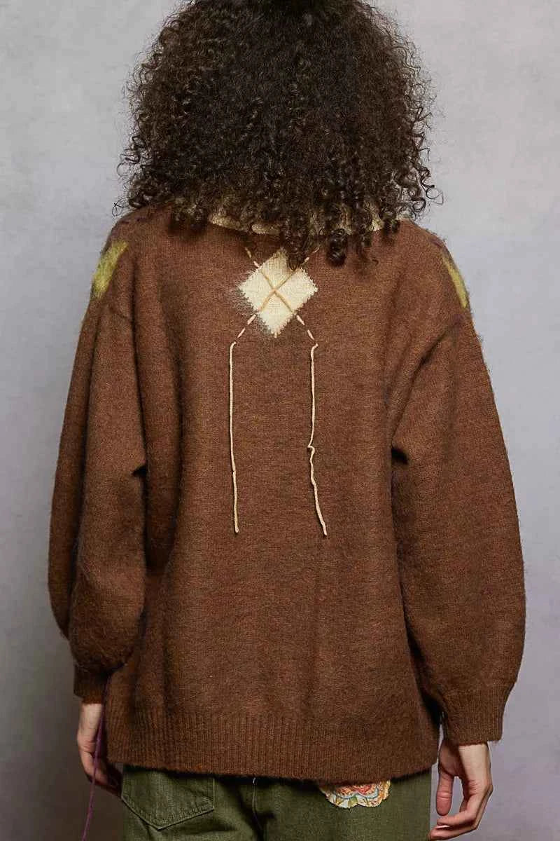 TEEK - V-Neck Argyle Pattern Mohair Contrast Exposed Stitch Sweater TOPS TEEK Trend