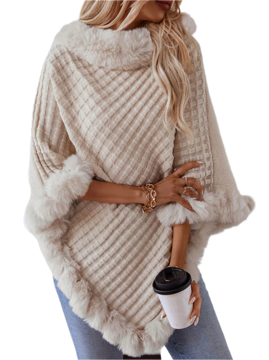 TEEK - Fuzzy Trim Texture Three-Quarter Sleeve Poncho JACKET TEEK Trend Beige One Size