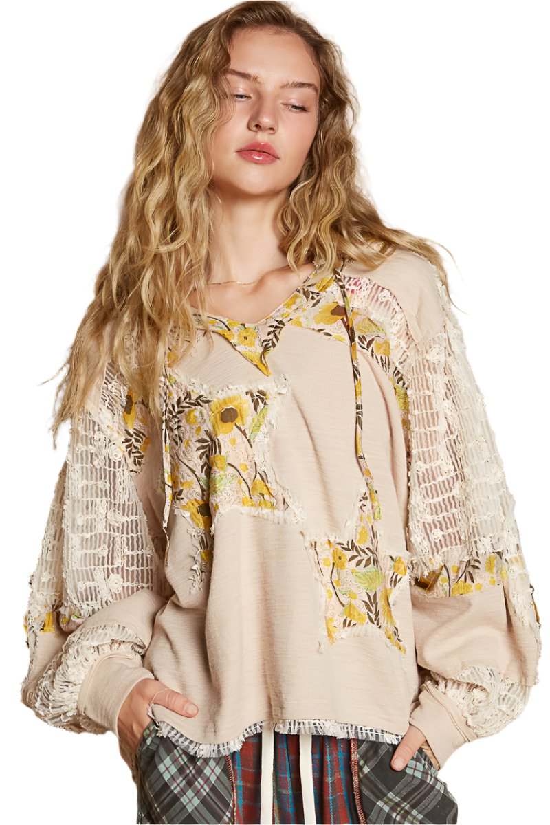 TEEK - Beige Multi Patch Lace Long Sleeve Hooded Top TOPS TEEK Trend S