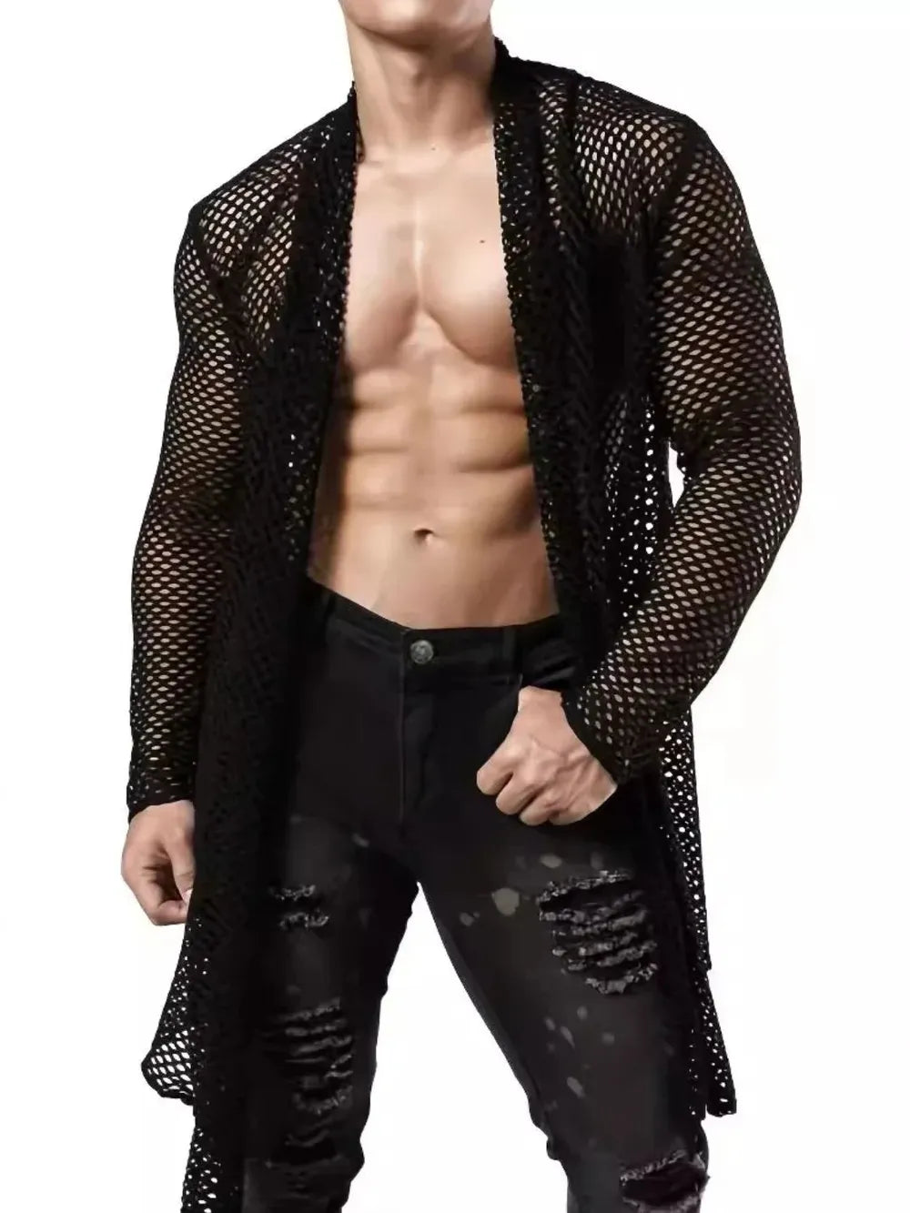 TEEK - Mens Black Openwork Open Front Long Sleeve Cover-Up SWIMWEAR TEEK Trend