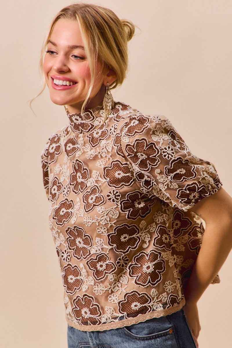 SO ME Texture Floral Mesh Top With Back Button Closure Trendsi