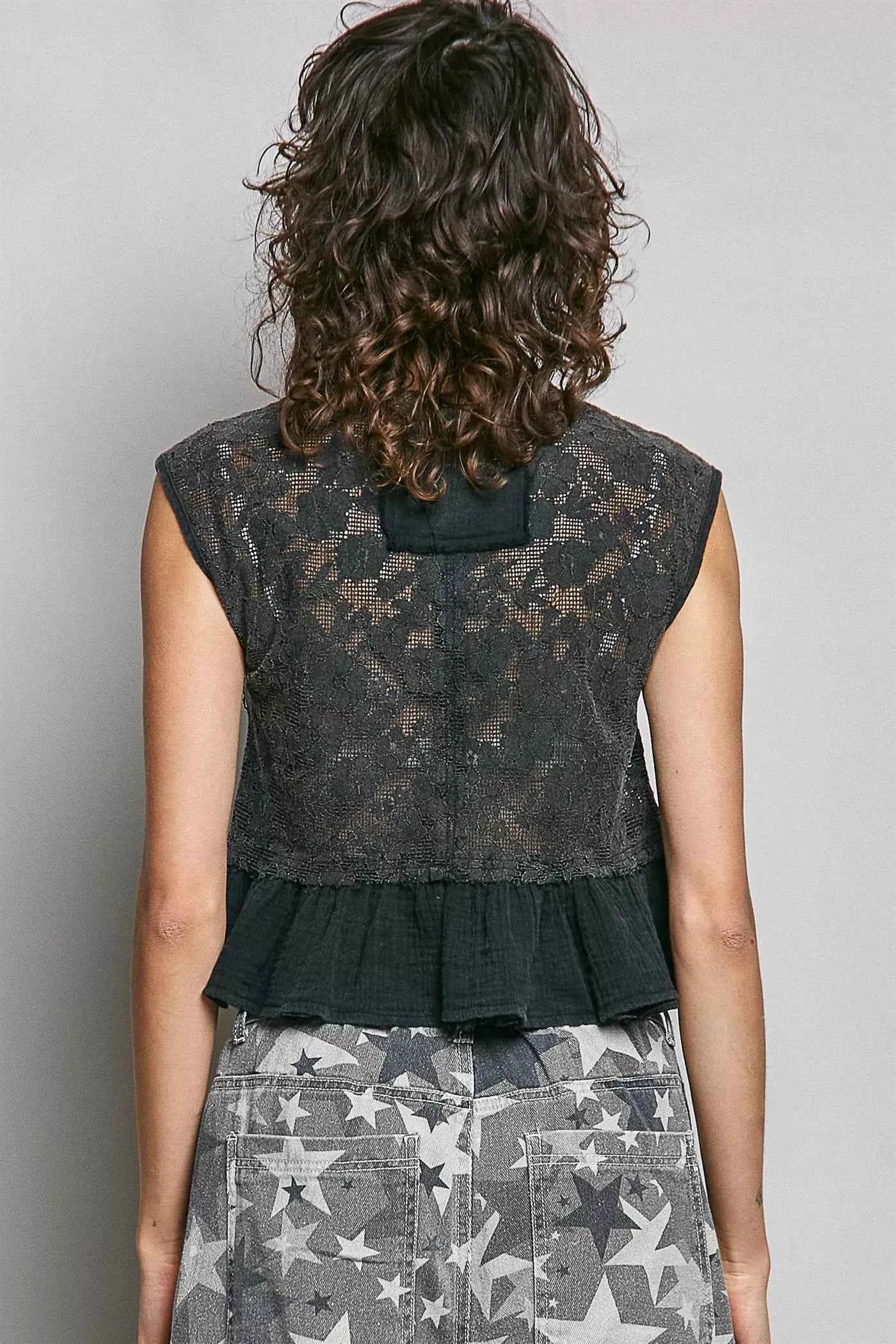 POL Round Neck Lace Sleeveless Top with Double Gauze Ruffle Trendsi