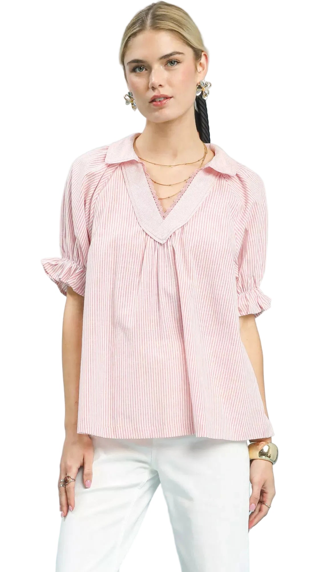 Umgee Pinstripe V-Neck Ruffle Sleeve Blouse Trendsi PINK S