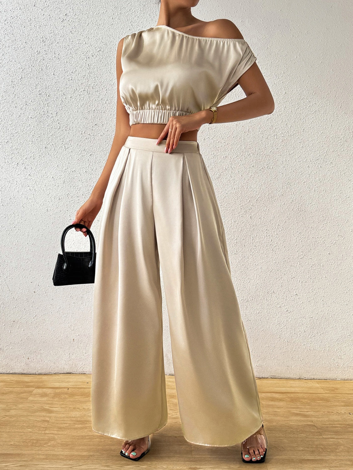 TEEK - Khaki One Shoulder Short Sleeve Top Wide Leg Pants Set SET TEEK Trend   