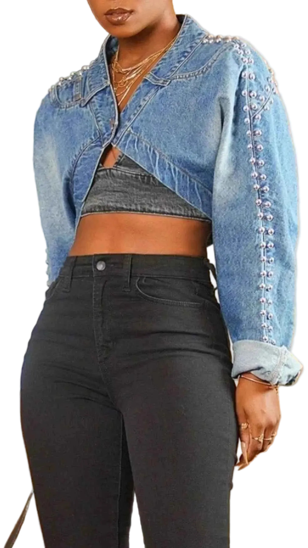 TEEK - Studded One Button Cropped Denim Top TOPS TEEK Trend Blue S