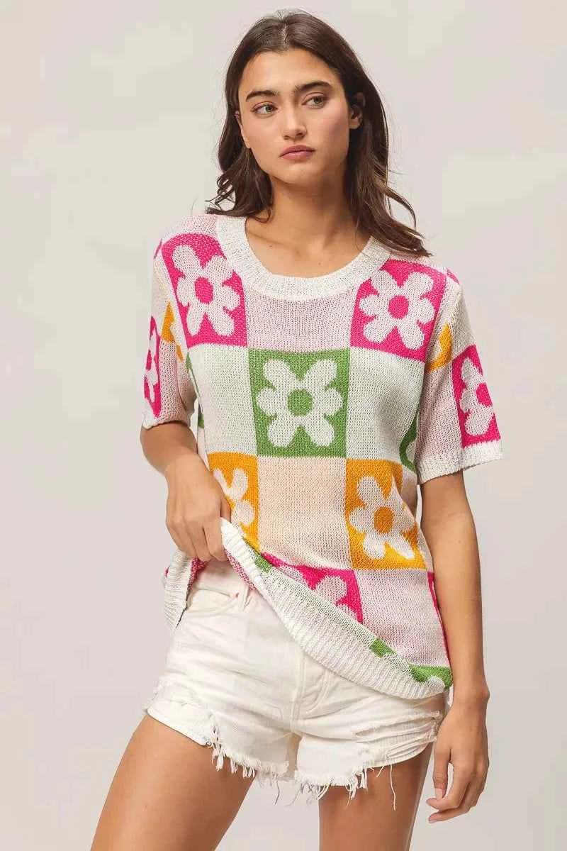 TEEK - Flower Checker Pattern Lightweight Sweater Top TOPS TEEK Trend