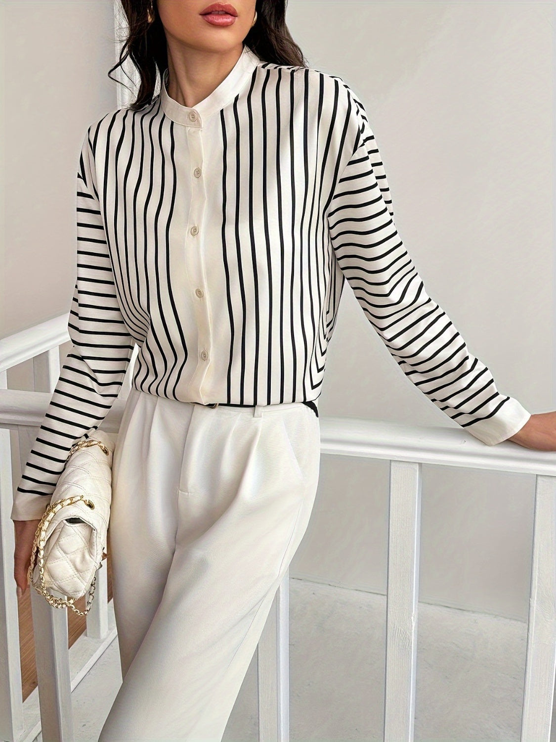 Striped Mock Neck Long Sleeve Shirt TEEK Trend