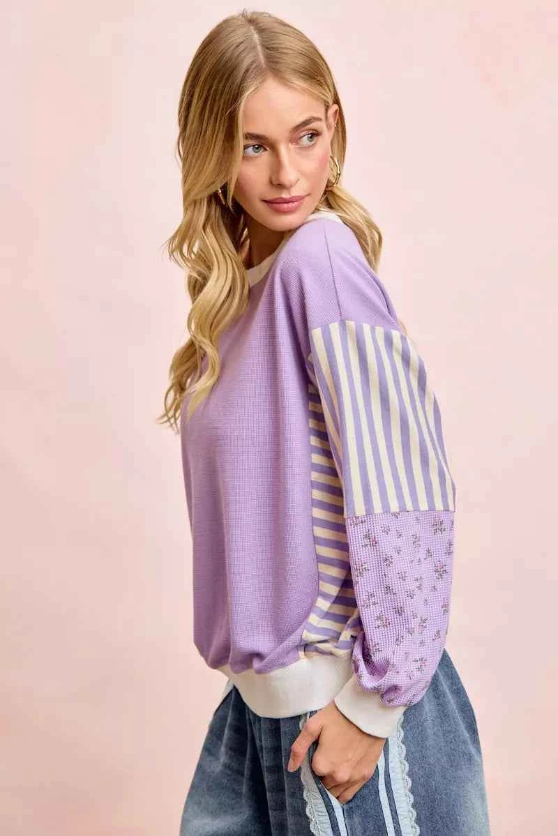 TEEK - Mix and Match Sweatshirt with Floral Sleeve Striped TOPS TEEK Trend