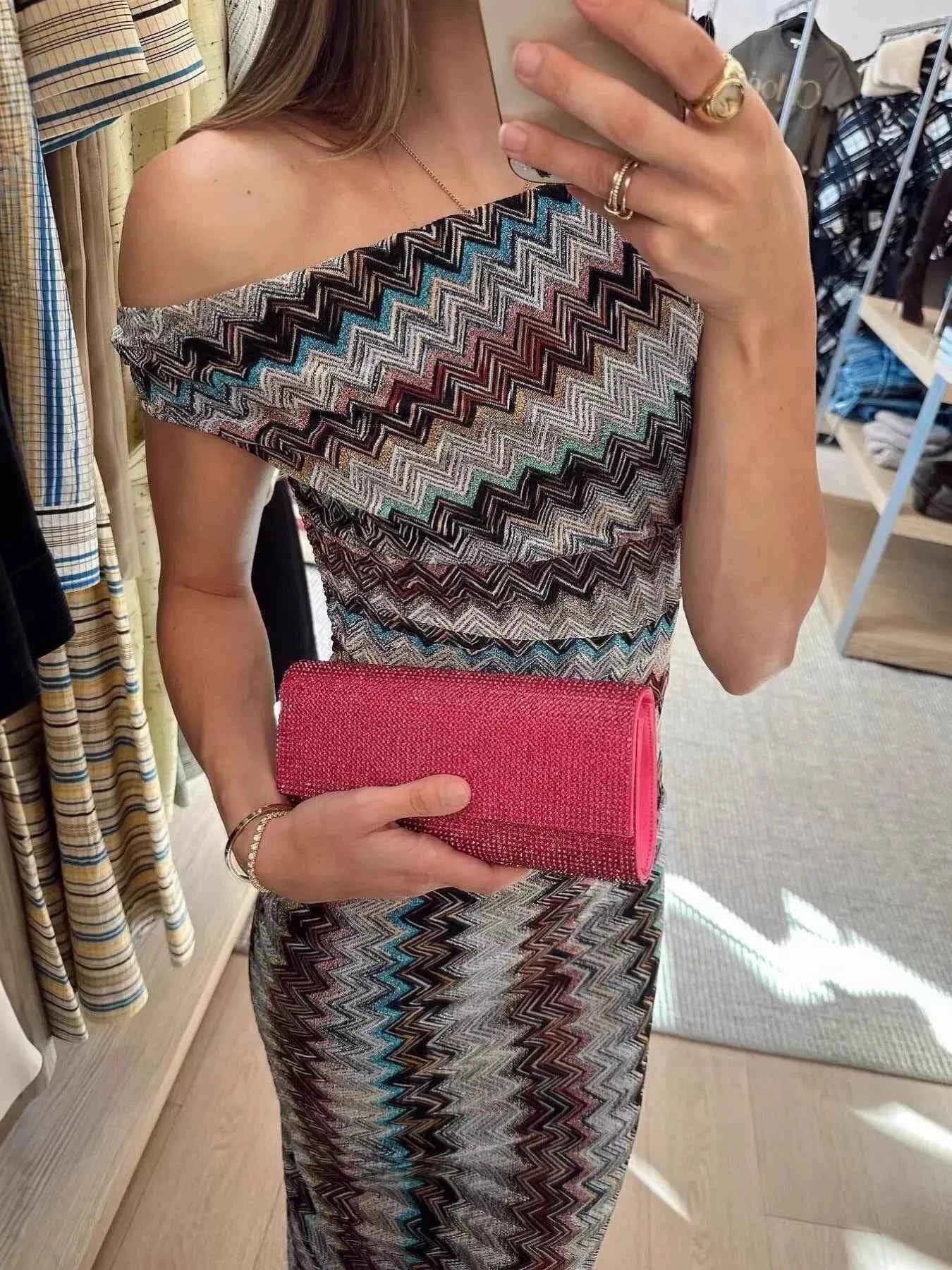 TEEK - One-Shoulder Zigzag Knit Maxi Dress DRESS TEEK Trend