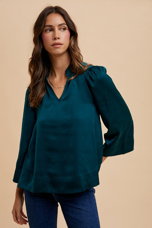 TEEK - Deep Teal Satin Notched Three-Quarter Sleeve Blouse TOPS TEEK Trend